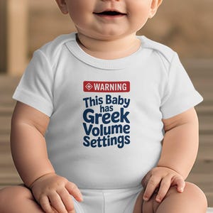 Warning This Baby Has Greek Volume Settings Onesie, Baby Humor Clothing, Funny Baby Outfit, Cute Baby Gift, Baby Shower Gift