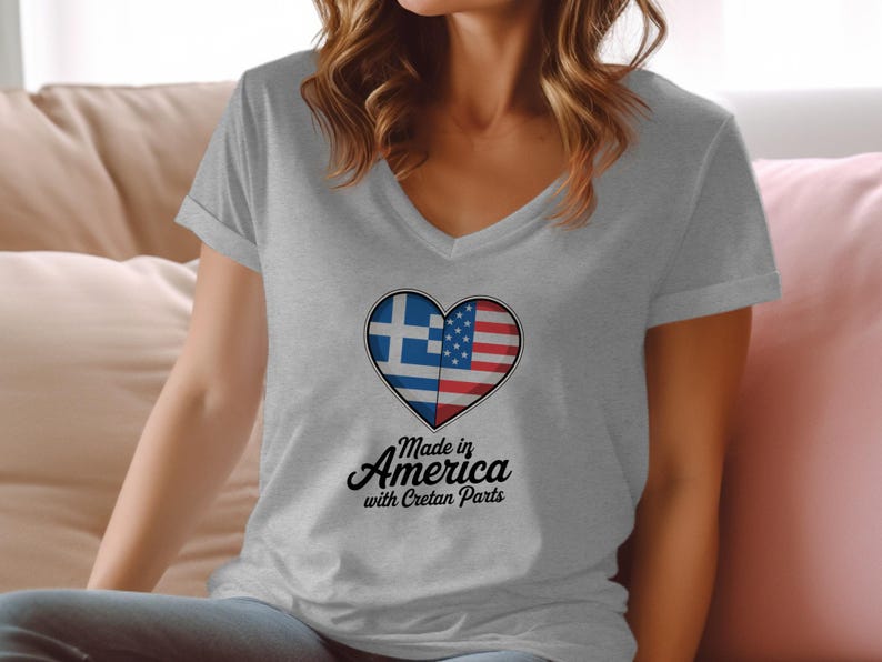 Made in America with Cretan Parts Tshirt, Greek American Gift, Heart Flag Tee, Patriotic Apparel, Dual Heritage Shirt