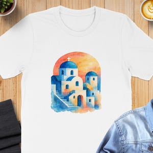 Santorini Sunset Shirt Greek Island Watercolor Tee Blue Dome Church T-Shirt for Greece Travel and Aegean Lovers