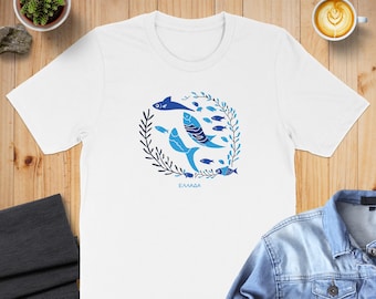 Greek Blue Fish Shirt ELLADA Souvenir Tee Mediterranean Beach Top Greek Island Gift for Greece Lovers