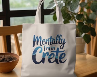 Crete Greece Greek Tote Bag: Blue Wave Lettering, Greek Island Gift