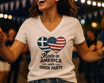 Greek American Heritage V-Neck T-Shirt: Flag Heart Design