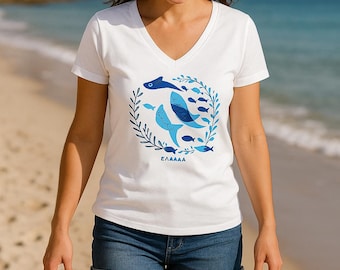 Greek Blue Fish T-Shirt: ELLADA Souvenir Tee - Mediterranean Style