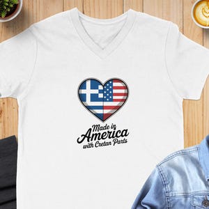 Made in America with Cretan Parts T-Shirt, Greek American Heart Flag Tee, USA Greece Pride Shirt, Greek Heritage Gift
