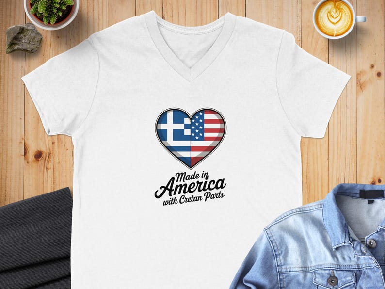 Made in America with Cretan Parts T-Shirt, Greek American Heart Flag Tee, USA Greece Pride Shirt, Greek Heritage Gift