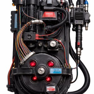 Può includere: Un accessorio nero per zaino protonico Ghostbusters, con vari tubi, fili e componenti meccanici. Lo zaino presenta un design circolare con luci rosse e un'etichetta "DANGER".