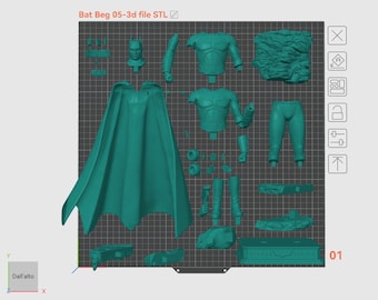 May include: A teal 3D-printed model kit of a superhero, featuring a cowl, cape, torso, limbs, and other components. The kit includes a base with a bat symbol and the text "01". The title "Bat Beg 05-3d file STL" is at the top.