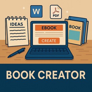 Peut inclure: Illustration d'un ordinateur portable avec les boutons "EBOOK" et "CREATE", un bloc-notes avec "IDEAS", un stylo et une pile de livres. L'image comprend également des icônes Word et PDF. Les mots "BOOK CREATOR" sont en bas.