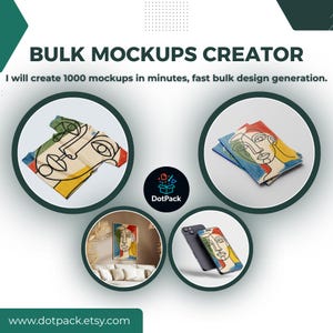 Puede incluir: Un anuncio de Bulk Mockups Creator. La imagen muestra maquetas de varios productos, incluyendo una camiseta, una almohada, una impresión artística enmarcada y fundas de teléfono, cada una con un diseño de rostro abstracto colorido. El texto dice: "Crearé 1000 maquetas en minutos, generación rápida de diseño a granel."