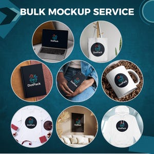 Puede incluir: Un anuncio de un servicio de maquetas a granel. La imagen muestra varios productos, incluyendo un portátil, un bolso de mano, un cuaderno, un teléfono, una taza, una camiseta, una obra de arte enmarcada y una sudadera con capucha, cada uno con el logotipo "DotPack".