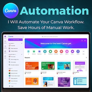 以下が含まれることがあります： Canvaのインターフェースを表示するラップトップの画面。ウェルカムメッセージとさまざまなデザインテンプレートが表示されています。上部のテキストは「Canva Automation」と「I Will Automate Your Canva Workflow. Save Hours of Manual Work.」です。