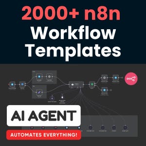 Könnte beinhalten: Dunkler Hintergrund mit weißem und rotem Text, der "2000+ n8n Workflow Templates" lautet. Darunter ein Diagramm mit miteinander verbundenen Kästchen und Linien. Eine weiße Box liest "AI AGENT" und eine rote Box liest "AUTOMATES EVERYTHING!"