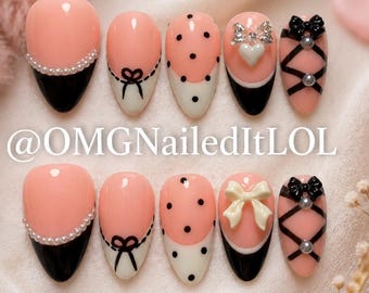 Coquette “Lingerie” Press-On Nails With Black and White French Tips, Bows, and Pearl Details