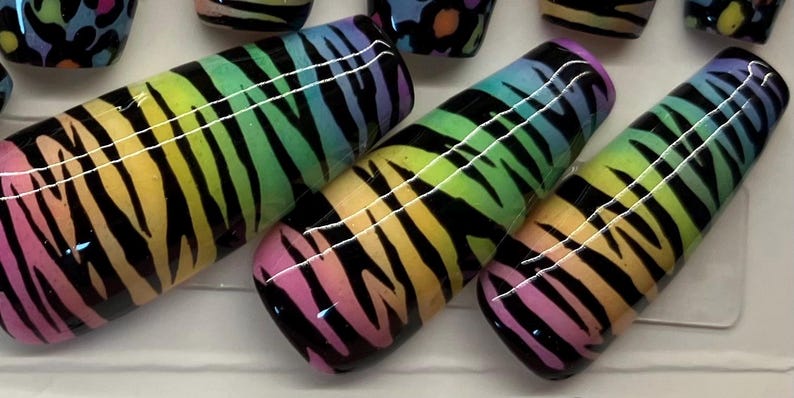 Op de afbeelding: Close-up van verschillende nail art ontwerpen. De focus ligt op drie lange, ovaalvormige nagels met een regenboog zebra streep patroon. De kleuren gaan over van roze naar geel naar groen naar blauw. Andere nagels met luipaardprint zijn zichtbaar.