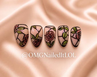 Pink Rose Stained-Glass Custom, salon-quality, reusable press-on nails and application kit!!