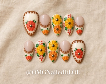 Fiesta Blooms Folk-Art Press-On Nails With Fall Color Floral Detailing and Gold Chrome Accents