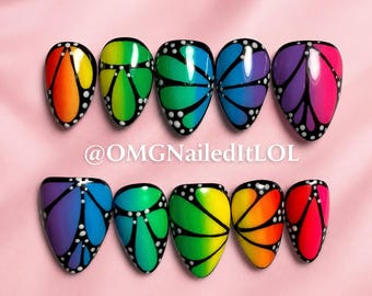 Neon Rainbow Glow-in-the-Dark Monarch Butterfly Wing Nails!