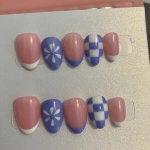 Flower Power Lavendar and White Checkerboard Press On Nails With French Tips and Hard Gel Topcoat