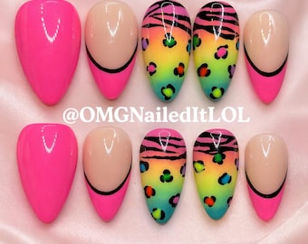 Funky Y2k Hot Pink Rainbow Leopard Print Zebra Nails