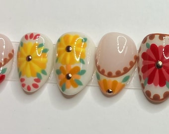 Fiesta Blooms Folk-Art Press-On Nails With Fall Color Floral Detailing and Gold Chrome Accents