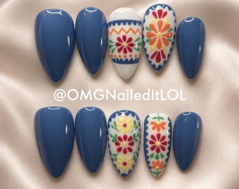 Folk Art Embroidery Press On Nails