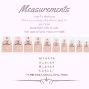 Op de afbeelding: Een nagelmeetgids met het woord "Measurements" bovenaan. Het laat zien hoe je nagels meet met een meetlint en bevat nagelgroottevoorbeelden van XS tot L, met metingen in millimeters.