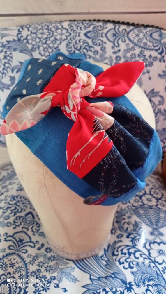 Foulard Headband Double Gaze de Coton Japonais Bleu Sakura Rouge