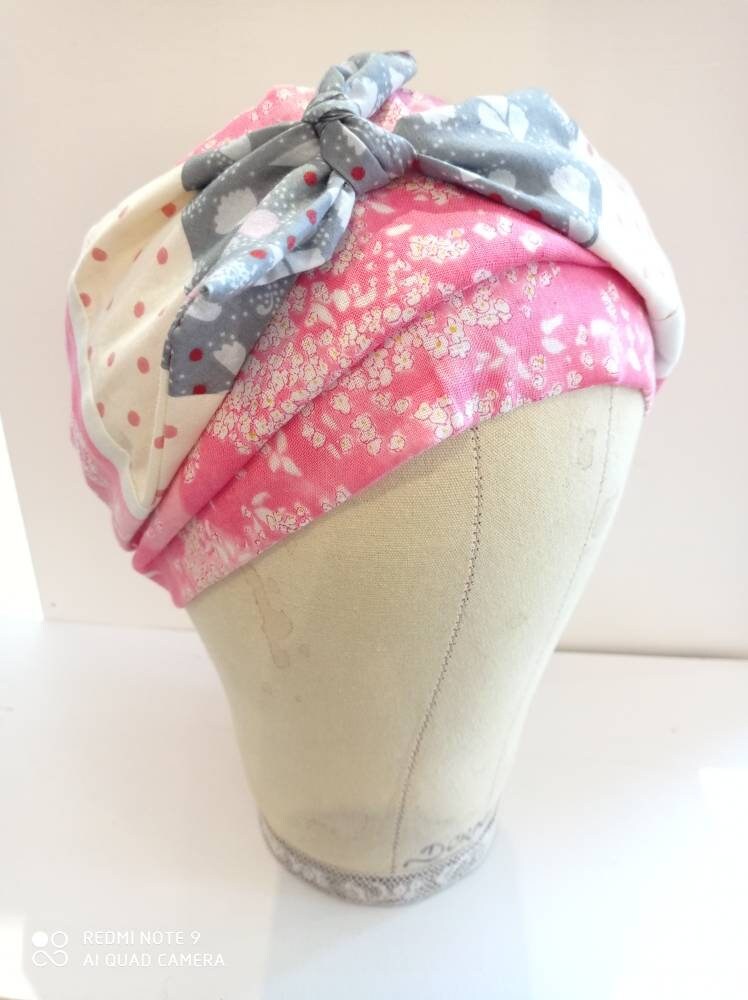 Foulard Headband Double Gaze de Coton Japonais Sakura et Pois Rose