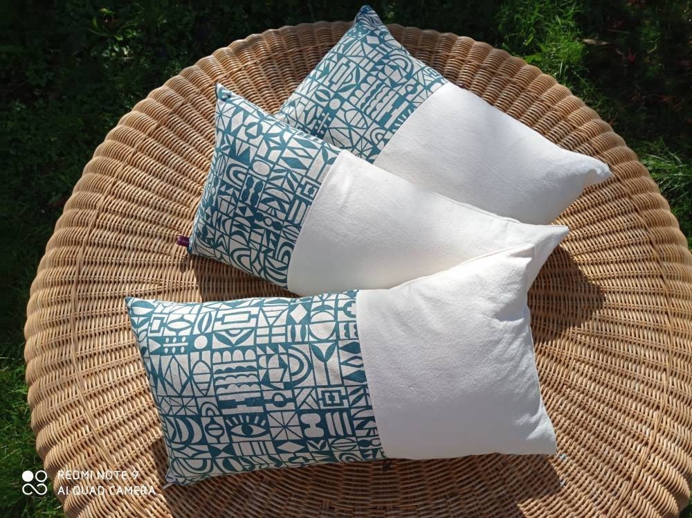 Coussin Rectangulaire Coton Bio Écru et d'ameublement Green Eye 30×50cm