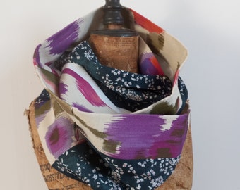 Snood coton bio japonais "nuée de fleurs" marine, tissus coquelicot ikat