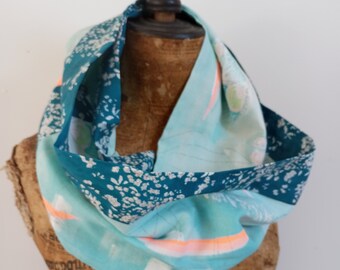 Snood double gaze de coton bio japonais "nuage" turquoise et mandarine, tissus turquoise