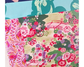 Kakemono, textielschilderen, Japanse groene en roze sakura stoffen