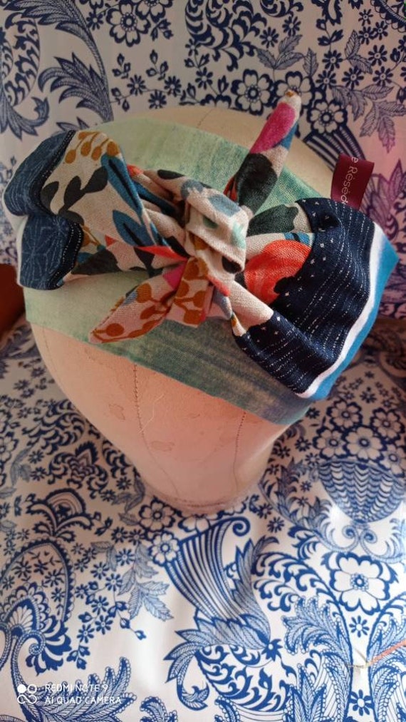 Foulard Headband Double Gaze de Coton Japonais Bleu Vert Tsubaki