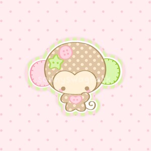 May include: A cartoon monkey illustration featuring a brown polka-dot pattern, a pink button on its head, a green star, and a pink heart on its chest. The monkey has two circular ears, one pink and one green, set against a light pink polka-dot background.