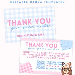 K&ouml;nnte beinhalten: Zwei rosa und blaue Dankeskarten mit dem Text "Thank You" und "Thank You for your order". Die Karten haben ein Vichy- und Tupfenmuster. Der Text "Editable Canva Templates" ist ebenfalls sichtbar.