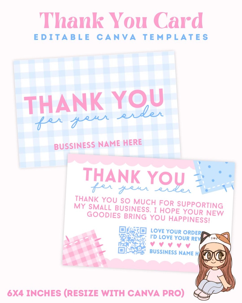K&ouml;nnte beinhalten: Zwei rosa und blaue Dankeskarten mit dem Text "Thank You" und "Thank You for your order". Die Karten haben ein Vichy- und Tupfenmuster. Der Text "Editable Canva Templates" ist ebenfalls sichtbar.