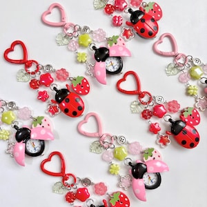 Handmade Ladybug Functional Clock Charm Keychain: Mini Charm with Pastel Accessories