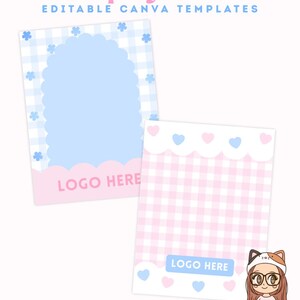 K&ouml;nnte beinhalten: Zwei Pr&auml;sentationskarten in Pastellrosa und -blau. Eine Karte hat einen blauen, gewellten Rand und ein Vichy-Muster, die andere ein rosa-wei&szlig;es Vichy-Muster. Text enth&auml;lt "Display Cards", "Editable Canva Templates" und "Logo Here". Die Karten sind 7,6 x 10,2 cm gro&szlig;.