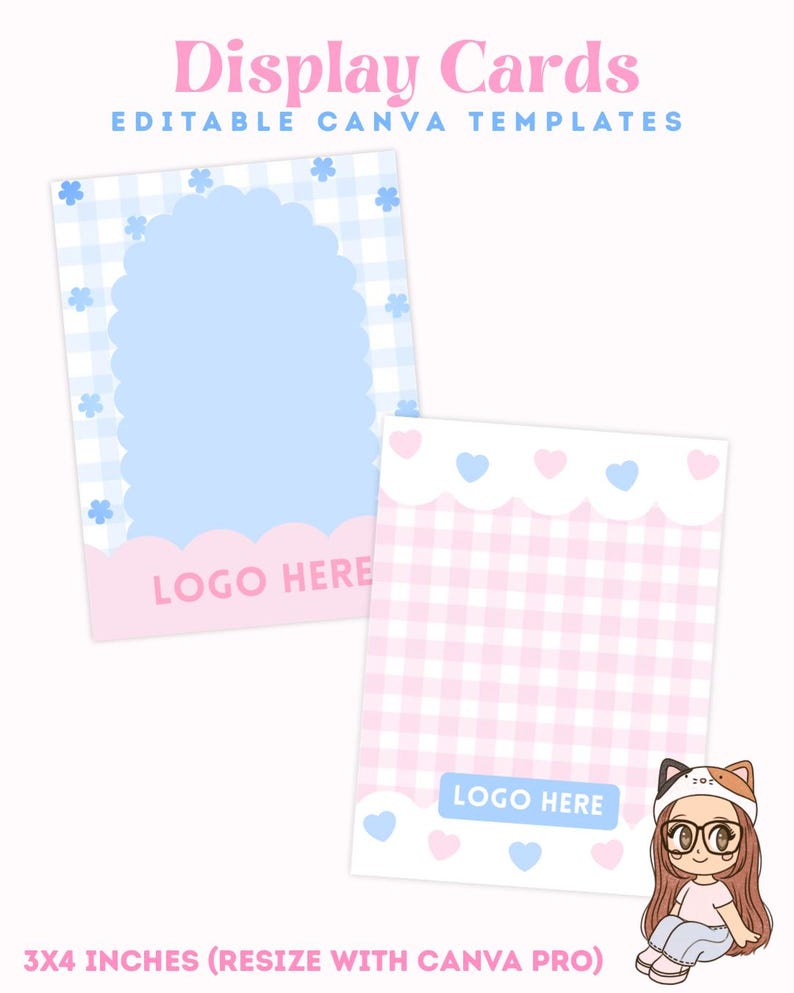K&ouml;nnte beinhalten: Zwei Pr&auml;sentationskarten in Pastellrosa und -blau. Eine Karte hat einen blauen, gewellten Rand und ein Vichy-Muster, die andere ein rosa-wei&szlig;es Vichy-Muster. Text enth&auml;lt "Display Cards", "Editable Canva Templates" und "Logo Here". Die Karten sind 7,6 x 10,2 cm gro&szlig;.