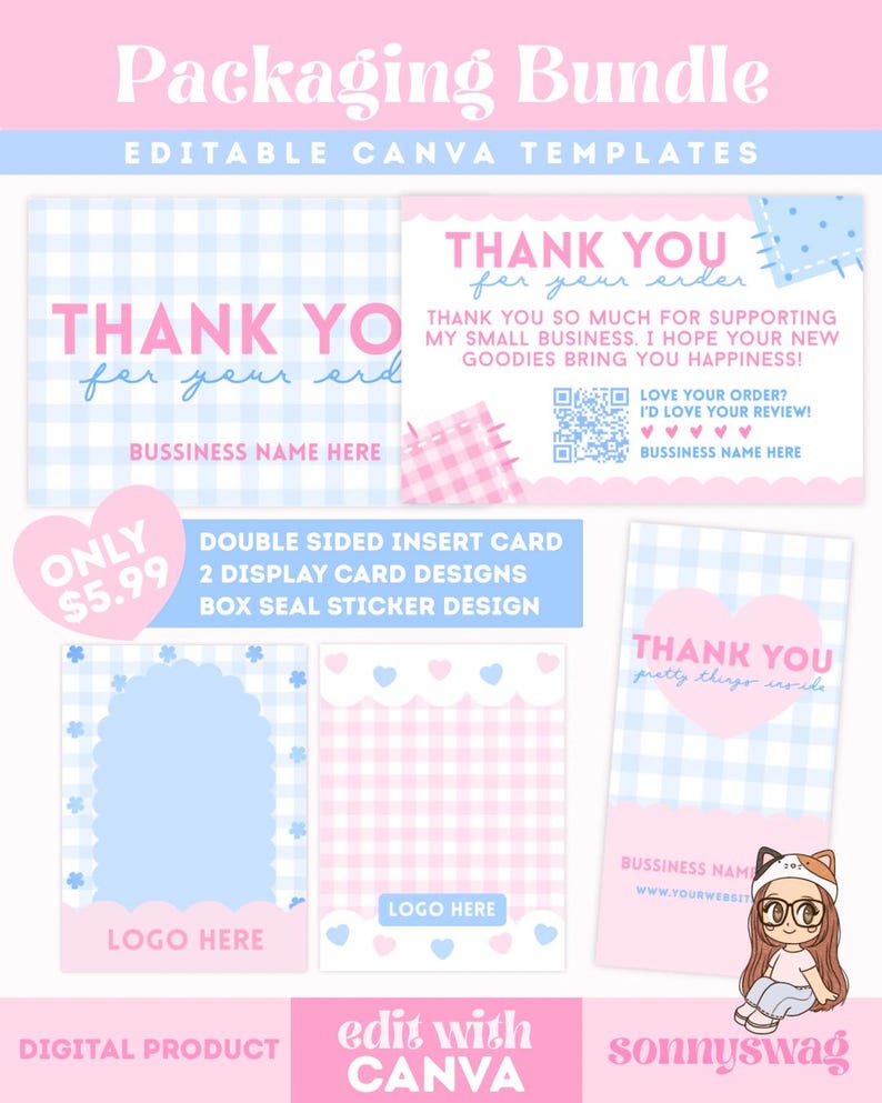 K&ouml;nnte beinhalten: Ein digitales Verpackungs-Bundle mit editierbaren Canva-Vorlagen. Das Design zeigt rosa und blaue Vichy-Muster mit dem Text "Danke" und "Firmenname hier". Enth&auml;lt Einlegekarten, Display-Kartendesigns und Box-Siegel-Aufkleber.