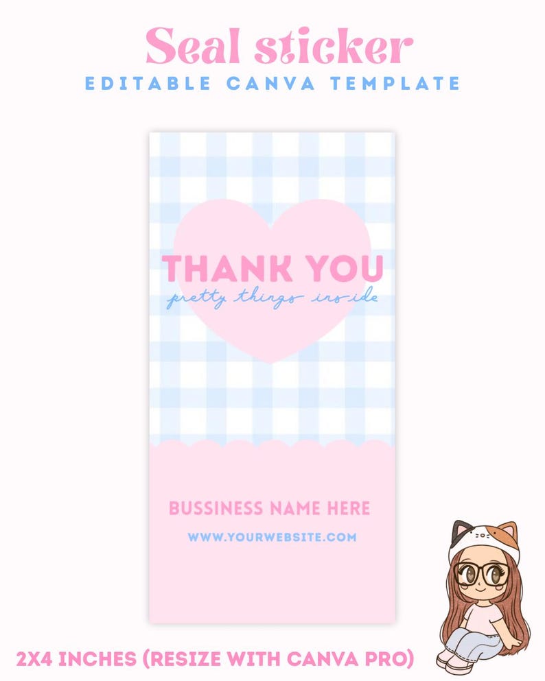 K&ouml;nnte beinhalten: Eine rosa-blaue Siegelaufklebervorlage mit dem Text "Seal sticker" und "Editable Canva Template". Das Design beinhaltet ein rosa Herz mit "Thank You" und "pretty things inside". Der untere Bereich bietet Platz f&uuml;r einen Firmennamen und eine Website, mit den Ma&szlig;en 5,08 cm x 10,16 cm.