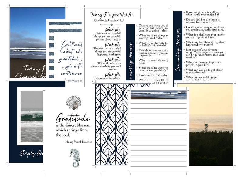 Gratitude Journaling Kit with Journal Prompt Cards, Quotes, and Ocean Photography image 1