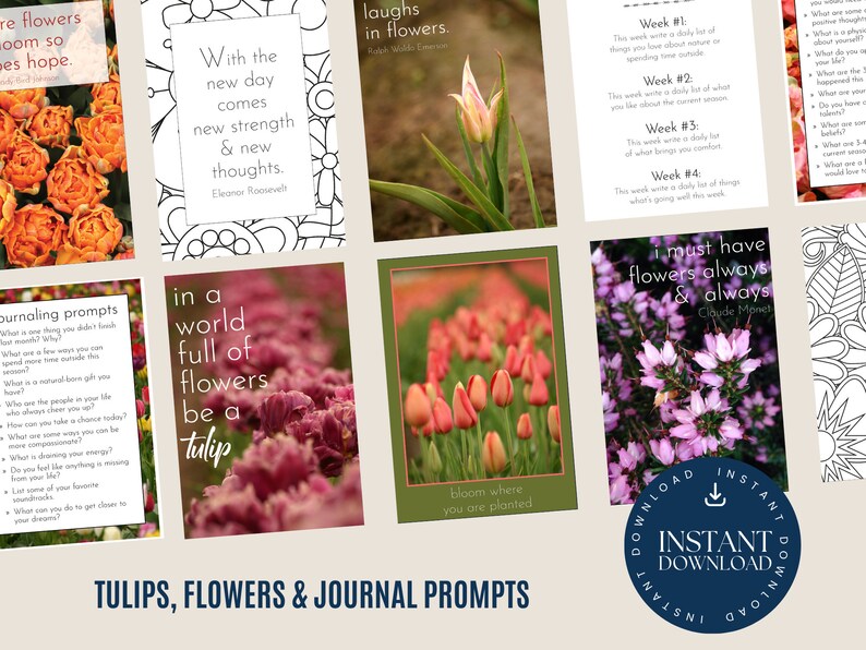 Tulip Printable Journaling Kit with Journal Prompt Cards, Quotes, and Garden Photography image 2