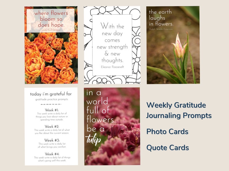 Tulip Printable Journaling Kit with Journal Prompt Cards, Quotes, and Garden Photography image 3