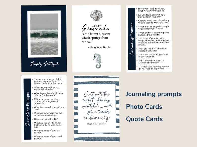 Gratitude Journaling Kit with Journal Prompt Cards, Quotes, and Ocean Photography image 3