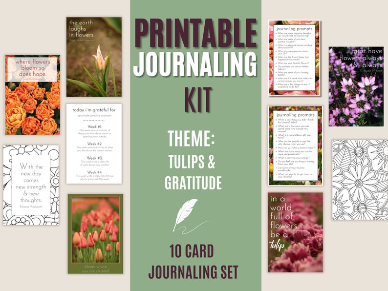 Tulip Printable Journaling Kit with Journal Prompt Cards, Quotes, and Garden Photography image 1