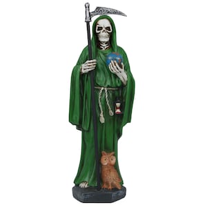 May include: A green-robed Grim Reaper statue holding a scythe, a globe, and a lantern. An owl sits at the base. The figure has a skeletal face and hands. The statue is on a dark gray base.