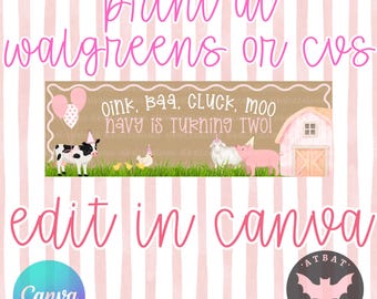 Oink Baa Cluck Moo Farm themed Birthday Banner Template Print at Walgreens or cvs Girl Birthday