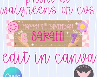 7th Birthday Banner 6-7 theme girls decor Print at Walgreens Customizable Canva (Digital Download)