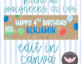 Generic Boy Birthday Banner Template Print at Walgreens or CVS Editable in Canva Instant Download